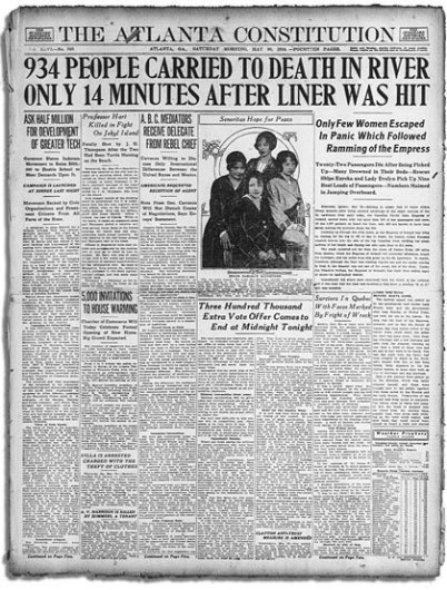 It's a copy of a whole newspaper page from 1914 with a big headline about the sunken Empress of Ireland. The headline is large and the newspaper's name is "The Atlanta Constitution".