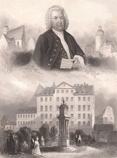It is a brownish historic postcard. Upright format. The upper half shows Bach like he is displayed on the Haußmann painting, the lower part shows the "old Bach monument" next to St. Thomas School.