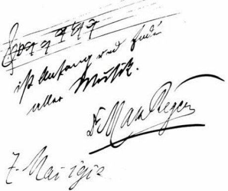 You see the tribute from Max Reger, a German composer to Bach and it's in his handwriting. On top there are the notes form the word Bach, the tribute is fowollowing and he signed with his name and the date May 7th 1912.