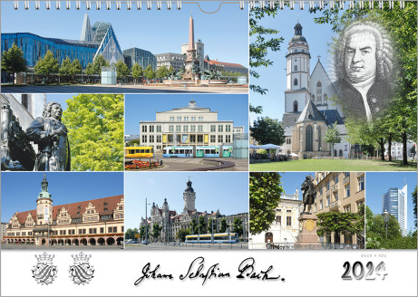 In the music gift BAch calendar you discover 8 photos of sights of Bach cities and Bach places as a collage of photos. In the top right corner there is a portrait of Bach. At the bottom there is his signature, the seal and the date of the year.