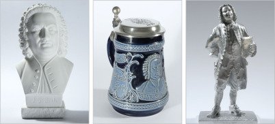 3 upright photos show Bach gifts. On the left there is a gipsum bust of Johann Sebastian Bach, in the middle a grey and blue beer stein, on the right a Bach tin figure.