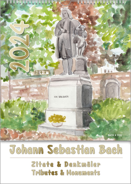 This Bach calendar as a music gifts shows the title page of a collection of 12 water colors or Bach monuments. The title is the monument of Bach in Eisenach. There are also 12 tributes in this music gift.
