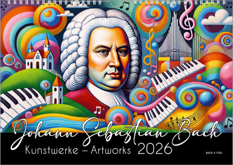 The gift for musicians, a Bach calendar: 12 photos of Bach monuments fill an upright wall calendar title page, the title is Bach monuments.