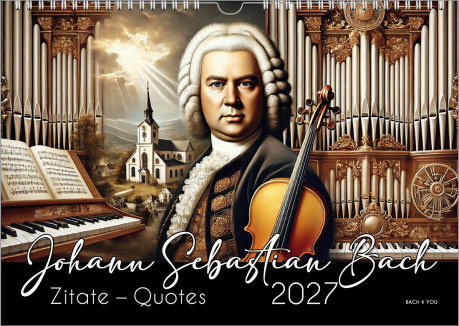 The Bach Calendar, a music gift, shows 8 cities in which Bach once worked and lived. In the lower part there is Bach's signature in the middle, two times his seal on the left and the date of the year on the right side.