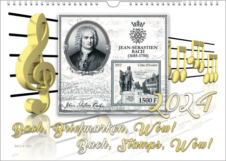 On a Bach Postage Stamps Calendar you see an illustration of golden notes and note lines. In the middle there is a greyish stamp with a portrait of Bach and more. The calendar title and the year is shown, too.