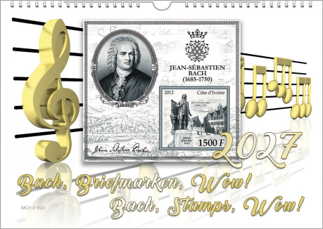 On a Bach Postage Stamps Calendar you see an illustration of golden notes and note lines. In the middle there is a greyish stamp with a portrait of Bach and more. The calendar title and the year is shown, too.