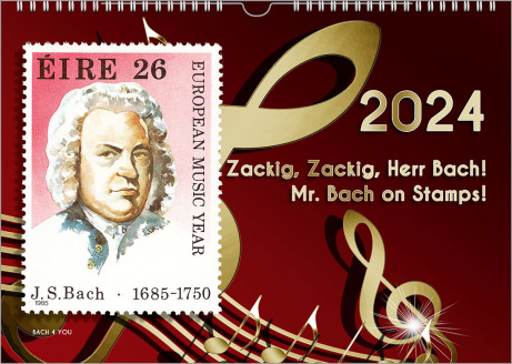 The Bach calendar gift for musicians. It's a dark red background and golden notes. On the right is the date of relase and the title of the calendar. On the left side is a Bach postage stamp.