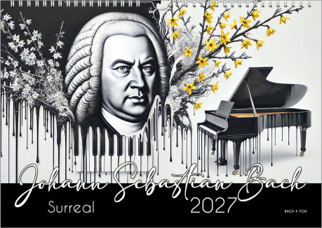 The Bach calendar gift for musicians. It's a dark red background and golden notes. On the right is the date of relase and the title of the calendar. On the left side is a Bach postage stamp.