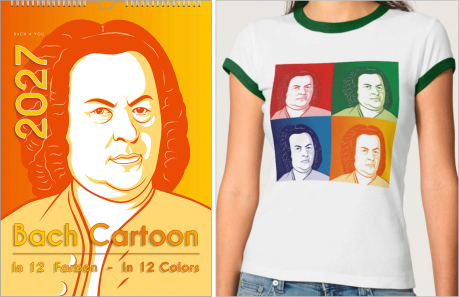 The music gifts Bach calendar shows a cartoon of the well-known Haussmann painting of Johann Sebastian Bach. The colors are orange and yellow. There is the year in large letters, too. In addition the words "Bach Cartoon" and ... in 12 colors".