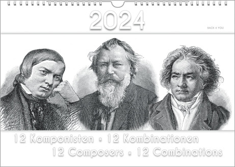 The composers calendar is a music gift. On top there's the date of the year, at the bottom is the title. In the middle of the landscape wall calendar are three composers in black and white.