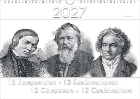 The composers calendar is a music gift. On top there's the date of the year, at the bottom is the title. In the middle of the landscape wall calendar are three composers in black and white.